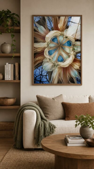 A symmetrical mandala spun from translucent petals, pale branches and golden fibers, opening onto luminous pools of blue against a lacework of bare winter trees.