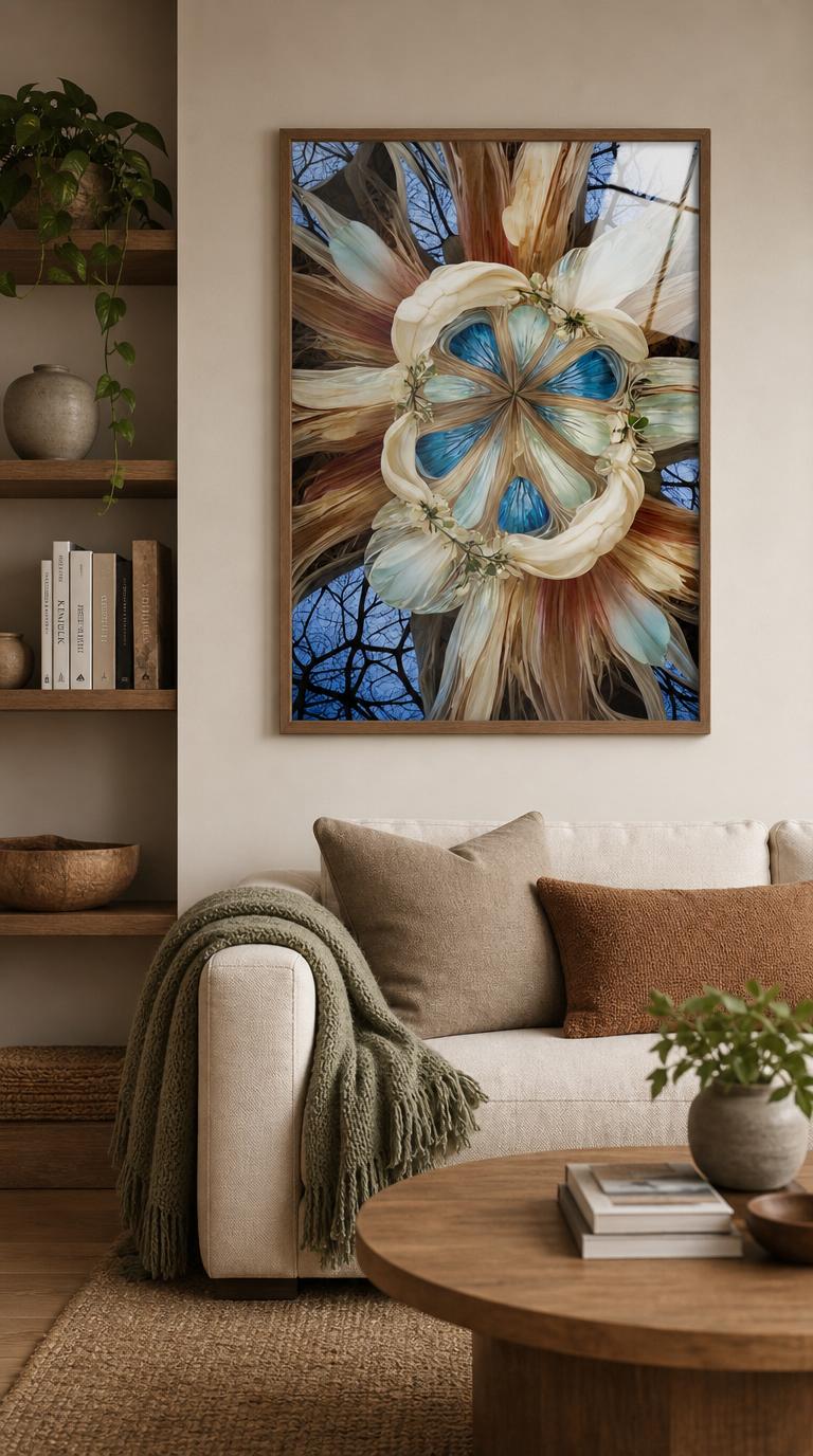 A symmetrical mandala spun from translucent petals, pale branches and golden fibers, opening onto luminous pools of blue against a lacework of bare winter trees.