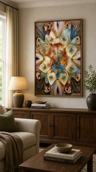 A radial mandala of silken petals and feather-soft forms, blooming in pale gold and cream against drifting veils of blue and rose.