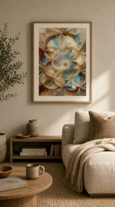 Translucent petals and silken filaments swirl into a luminous mandala of cream, peach and soft blue, blooming with quiet symmetry.