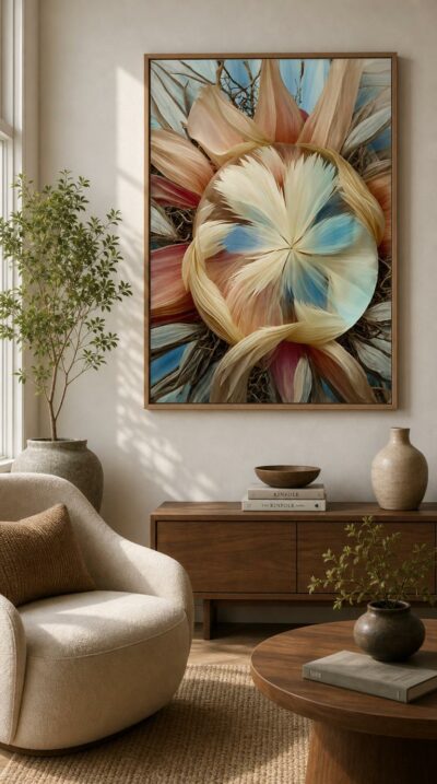 A radial bloom of pale petals, silk-soft fronds and slender branches spirals inward, gathering pastel blues, blush pinks and warm creams into a serene natural mandala.