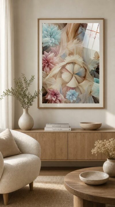 A dreamlike mandala of translucent petals layered in blush, pastel blue and warm cream, radiating quiet harmony and gossamer light.