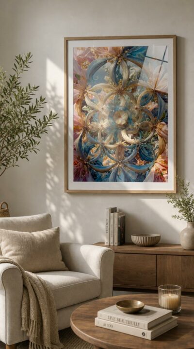 A luminous mandala of woven petals and translucent branches, where pastel blooms spiral into hypnotic symmetry and quiet, breathing light.