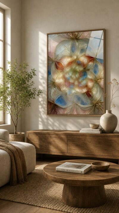 A floral mandala of silk-soft petals and translucent veins, rippling in pastel blue, rose and gold around a luminous, radiant center.