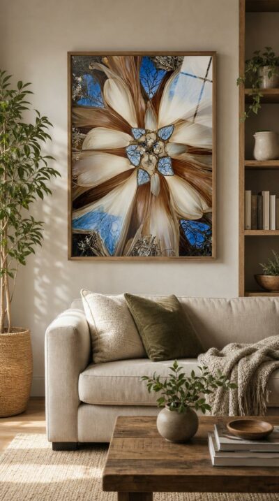 A radiant mandala of cream petals and ribboned husks unfurls around glassy portals of winter branches against a clear blue sky.