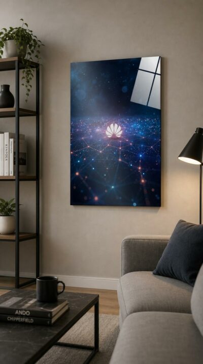 A luminous emblem hovers at the heart of a glowing web of stars and nodes, drifting across a deep cosmic blue threaded with light.