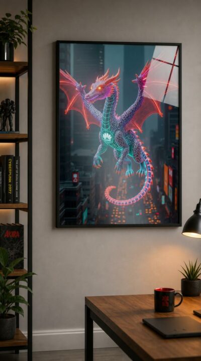 A neon-veined dragon soars above a rain-dimmed metropolis, its wings glowing crimson, its body laced with luminous circuitry over a river of city traffic.