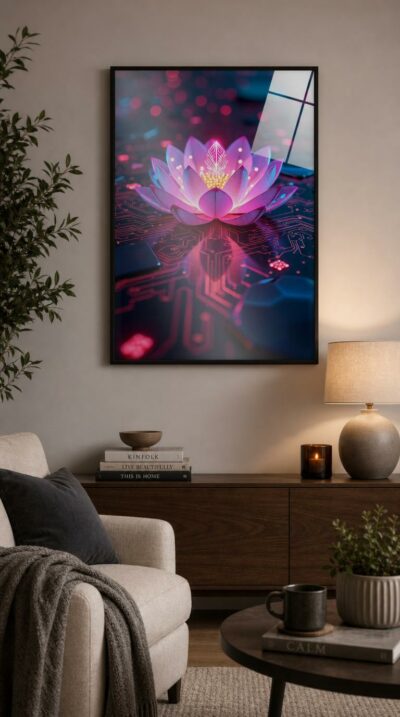A luminous pink lotus blooms upon a glowing circuit board, its petals fusing the serenity of nature with the pulse of technology.