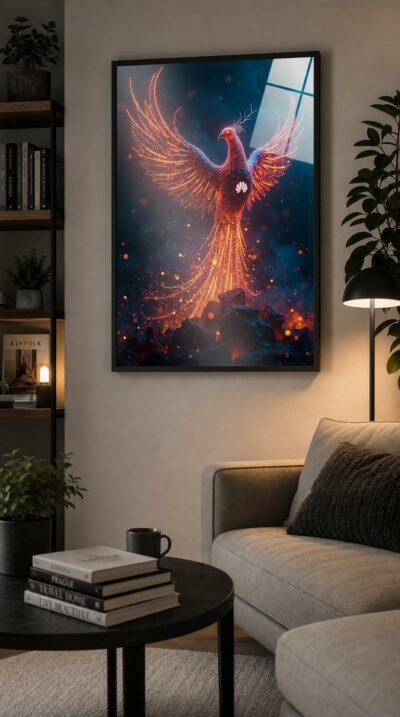 A phoenix woven from glowing filaments and neon sparks ascends from smoldering rubble, wings spread wide against a deep indigo haze.