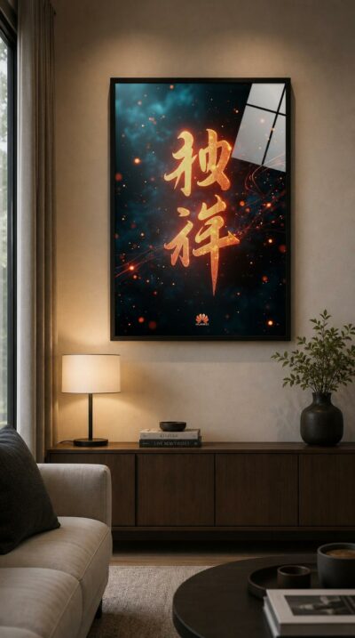 Luminous brushstrokes of Chinese calligraphy blaze in gold and ember-orange, suspended in a starlit void where glowing particles drift like sparks across a midnight sky.