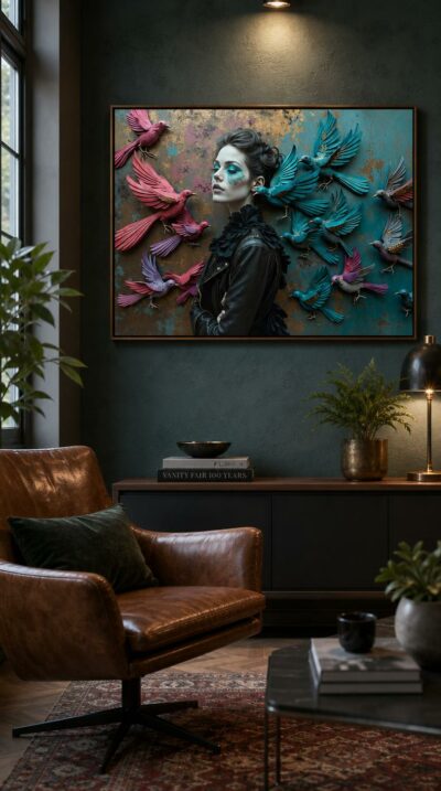 A serene woman in black leather closes her eyes amid a swirling flock of pink, lilac and turquoise birds set against a weathered gold-and-teal wall.