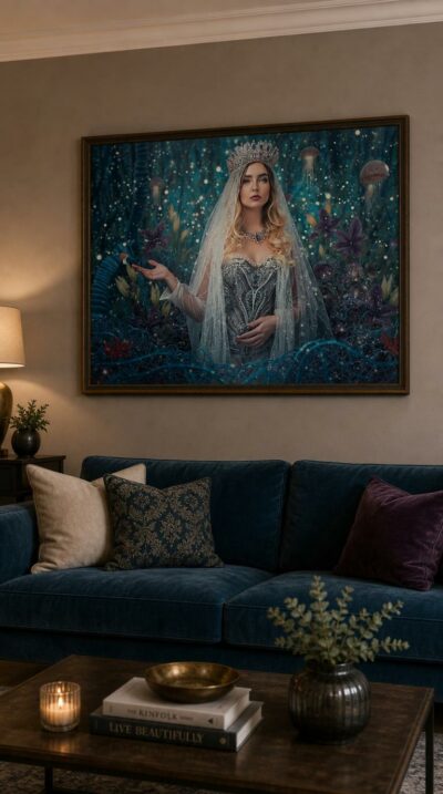 A serene crowned goddess in a jewelled gown stands amid a luminous nocturnal forest where jellyfish drift and violet blossoms glow.