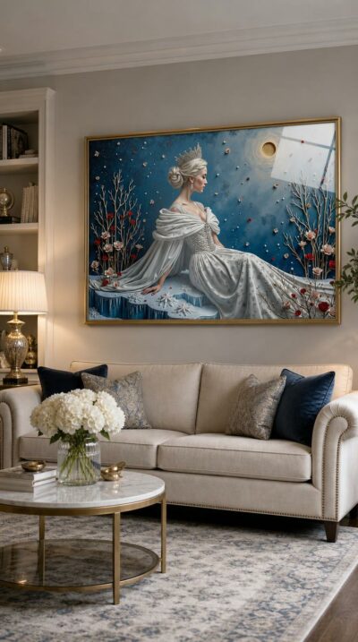 A serene ice queen in profile, crowned and gowned in shimmering white, reclines amid frost-bitten roses beneath a swirling midnight sky.