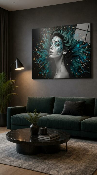 A serene woman in profile dissolves into flowing tendrils of teal and gold, her skin shimmering with droplets like an enchantress rising from the deep.