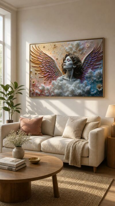 A serene androgynous figure with iridescent gold-and-violet wings rises from soft white clouds, scattered daisies and gilded specks drifting across a pastel dawn sky.
