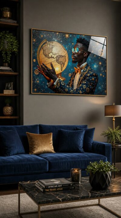 A stargazer in a star-embroidered jacket cradles a luminous golden globe against a cosmos of constellations, his mirrored glasses catching the light.