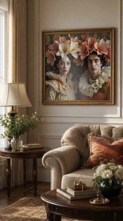 A woman and a man crowned with lilies and roses gaze out from an opulent floral fantasy, regal and dreamlike against a golden damask wall.