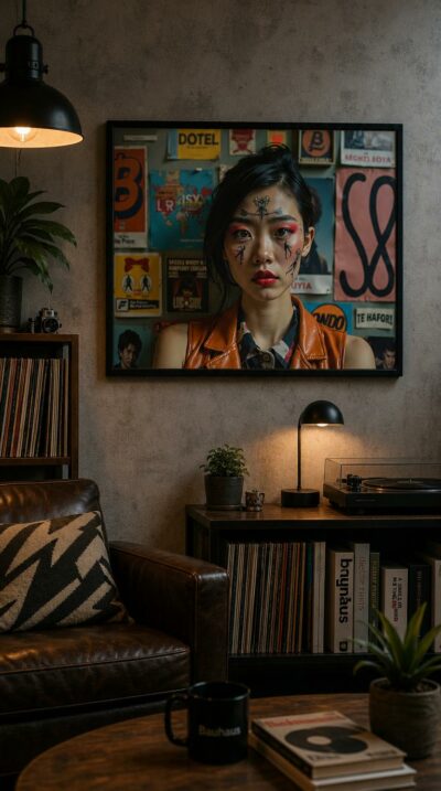 A young woman with painted features and inked silhouettes gazes ahead, fixed against a wall of layered posters and cultural fragments.
