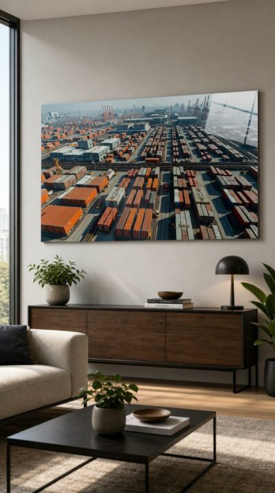 An aerial sweep over a vast container port, where rust-red stacks and steel cranes compose a vast geometry of modern industry under a hazy skyline.