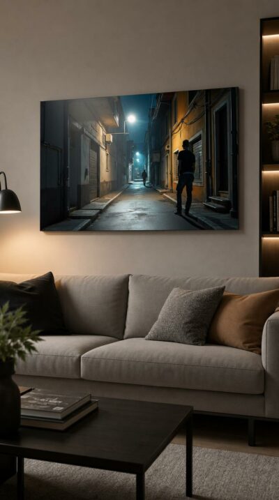 A deserted alleyway at night, lit by a lone streetlamp, where two solitary figures pass like strangers in a quiet, charged silence.