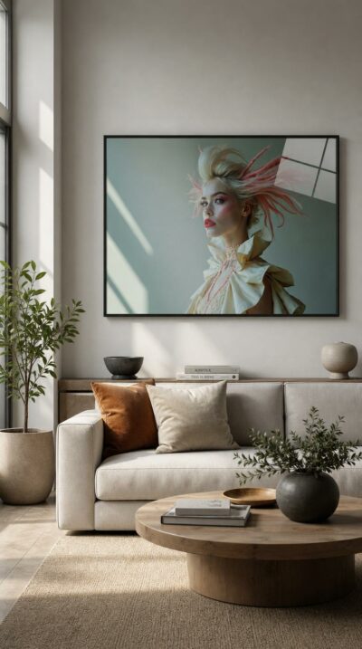 A blonde figure with windswept rose-tinted hair and bold makeup, poised in theatrical satin against a pale, light-streaked wall.