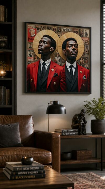 Two men in identical red suits stand crowned with golden halos before a wall of vintage and contemporary posters, mirrored figures in a charged urban shrine.
