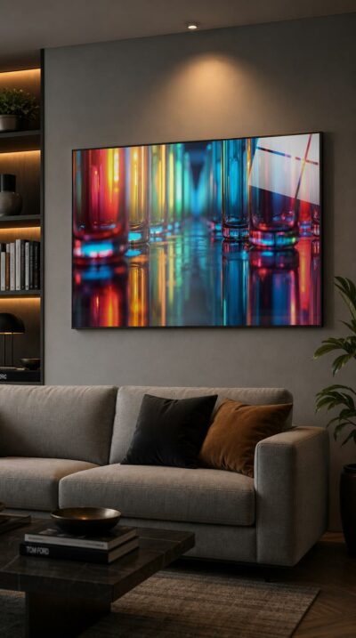 Rows of luminous glass tubes glow in rainbow hues, their colors echoing across a mirrored floor into a soft, receding vanishing point.