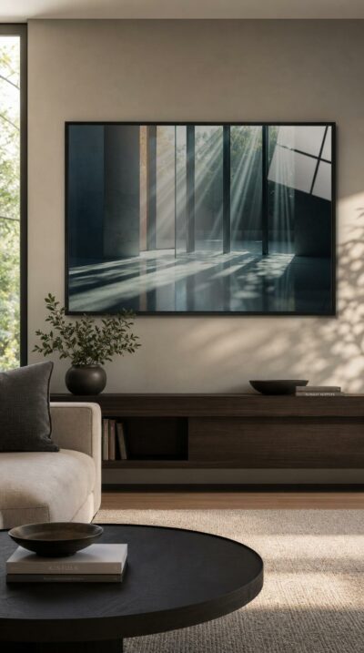 Shafts of morning light slip between tall glass partitions, scattering soft reflections across a polished concrete floor in a quiet, minimal interior.