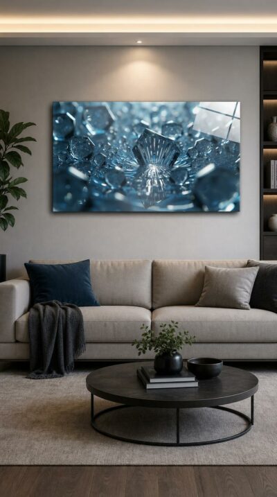 Translucent crystalline shapes rise from a rippling surface, catching cool blue light that scatters into soft prismatic reflections across glass-clear water.