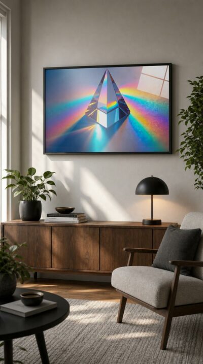 A clear glass prism gathers light and casts a living rainbow across a soft surface, scattering spectral color like a quiet sunrise.