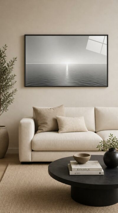 A silver sea meets a pale sky at a single luminous point on the horizon, light trailing across calm ripples toward the viewer.