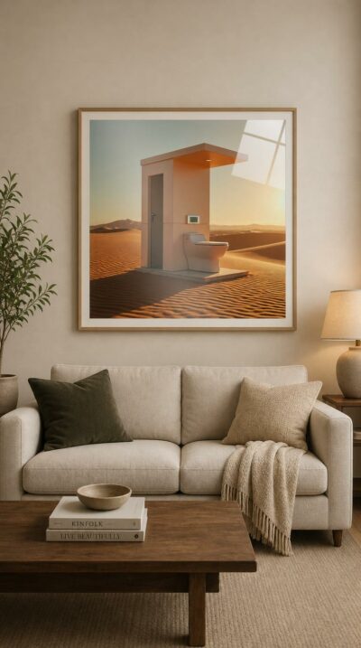 A sleek modern toilet stands open to the dunes, where golden Saharan light spills across endless ripples of sand at dusk.
