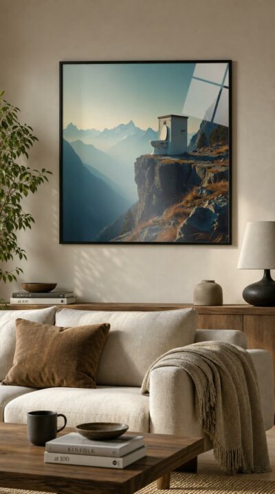 A lone white toilet perched at the brink of a Himalayan cliff, gazing out over hazy peaks bathed in soft morning light.