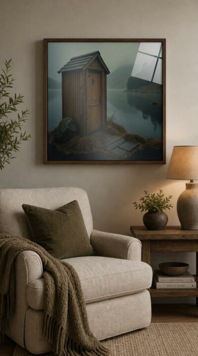 A weathered wooden outhouse stands sentinel on a misty shoreline, mirrored in the still grey waters of a Scottish loch at dawn.