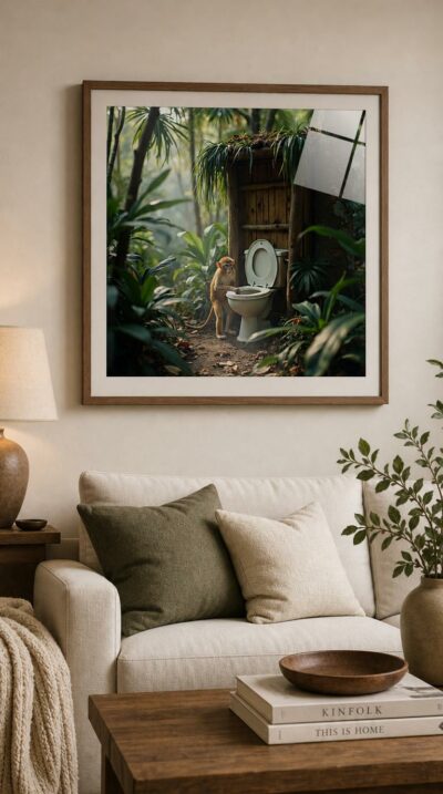 A lone porcelain toilet stands in a wooden stall deep in the rainforest, where a curious monkey lifts the lid amid dense, sunlit foliage.