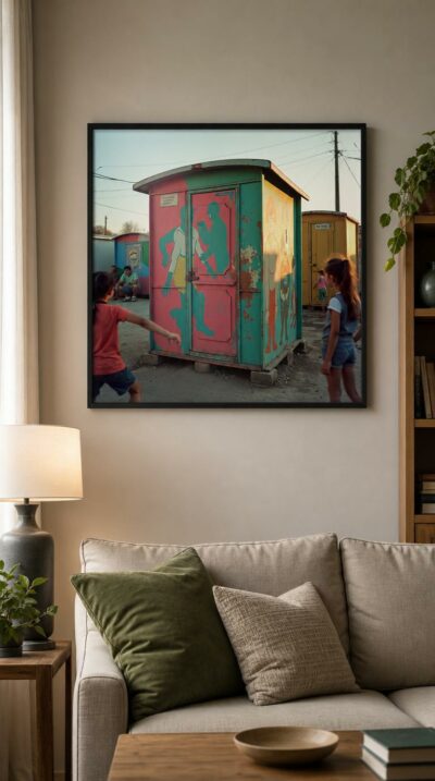 A boldly painted portable toilet glows in a Romani camp at dusk, children playing as golden light stretches long across the dusty ground.