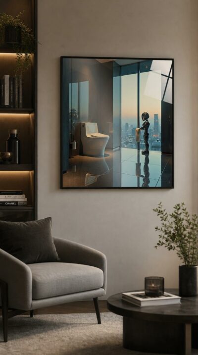 A poised black android offers a folded towel in a glossy high-rise washroom, the Tokyo skyline glowing softly through floor-to-ceiling glass at dusk.