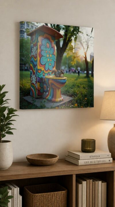 A psychedelically painted public toilet blooms in a city park at golden hour, where a curious squirrel pauses on its rainbow rim amid soft evening light.