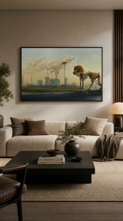 A skeletal lion built from drifting smoke surveys a polluted industrial skyline, its frail body dissolving into haze above scorched, abandoned ground.