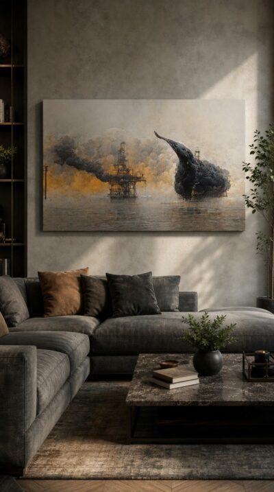 A vast whale, conjured from black industrial smoke, breaches beside a burning oil rig as ash and amber haze swallow the water.