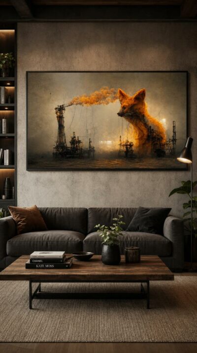 A gaunt fox conjured from drifting industrial haze leans over a forest of oil rigs, its body dissolving into the polluted, amber-lit air.