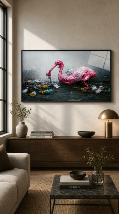 A flamingo feathered in plastic wades a refuse-choked river, its soft pink dimmed by the wreckage we leave behind.