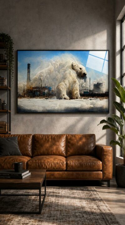 A polar bear sculpted from billowing smoke rises beside a rusting refinery, half-dissolving into the Arctic air like a vanishing memory of the wild.