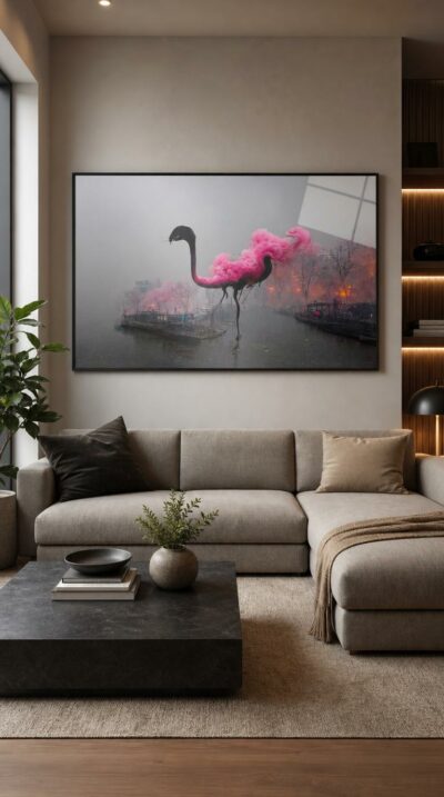 A lone flamingo dissolves into rose-colored smoke above a hazy, polluted river, its dark silhouette caught between presence and disappearance.