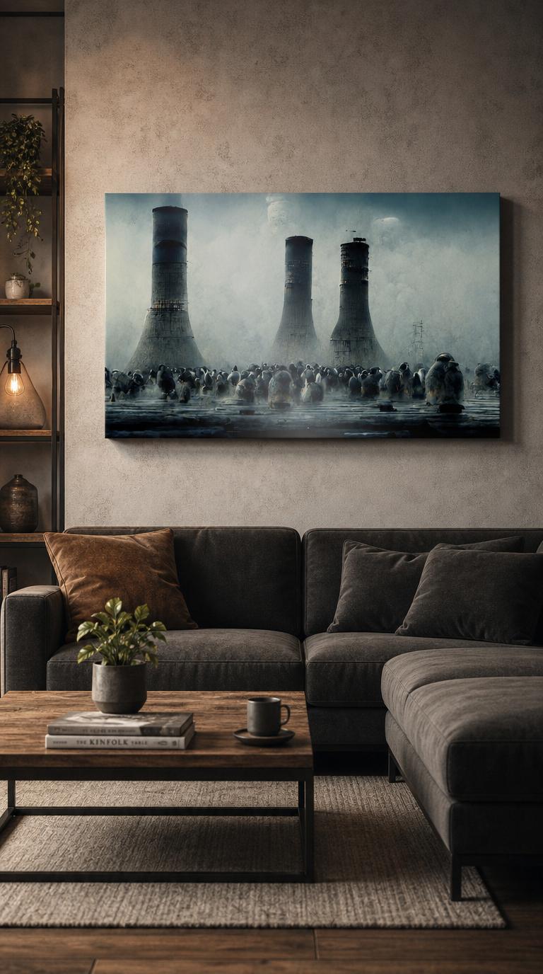 A vast huddle of penguins gathers before three towering, decaying cooling stacks, wrapped in cold mist and the quiet dread of a poisoned horizon.