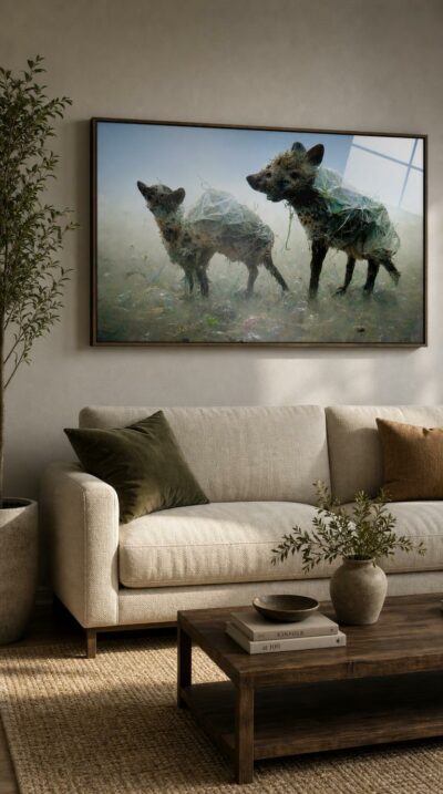 Two gaunt hyenas, sheathed in translucent plastic film and tangled debris, wander a hazy field of waste beneath a cold blue sky.