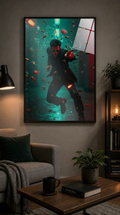 A figure in black coat and dark glasses arches mid-motion as bullets and shattered glass hang suspended in glowing teal and crimson light.