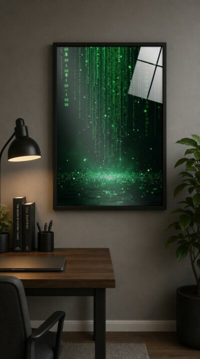 Streams of luminous green code rain down through darkness, dissolving into shimmering light over still water — a hypnotic vision of reality made of pure information.