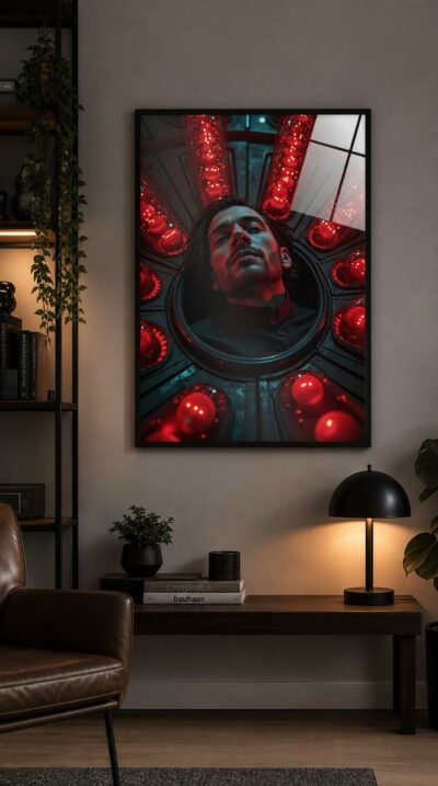 A man's face emerges from a circular pod, lit by the harsh red glow of countless cells where others remain in artificial sleep.