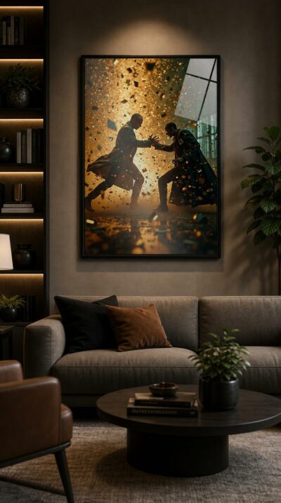 Two figures in dark coats lunge at each other through a golden storm of shattered glass, their silhouettes locked in a fight suspended mid-motion.